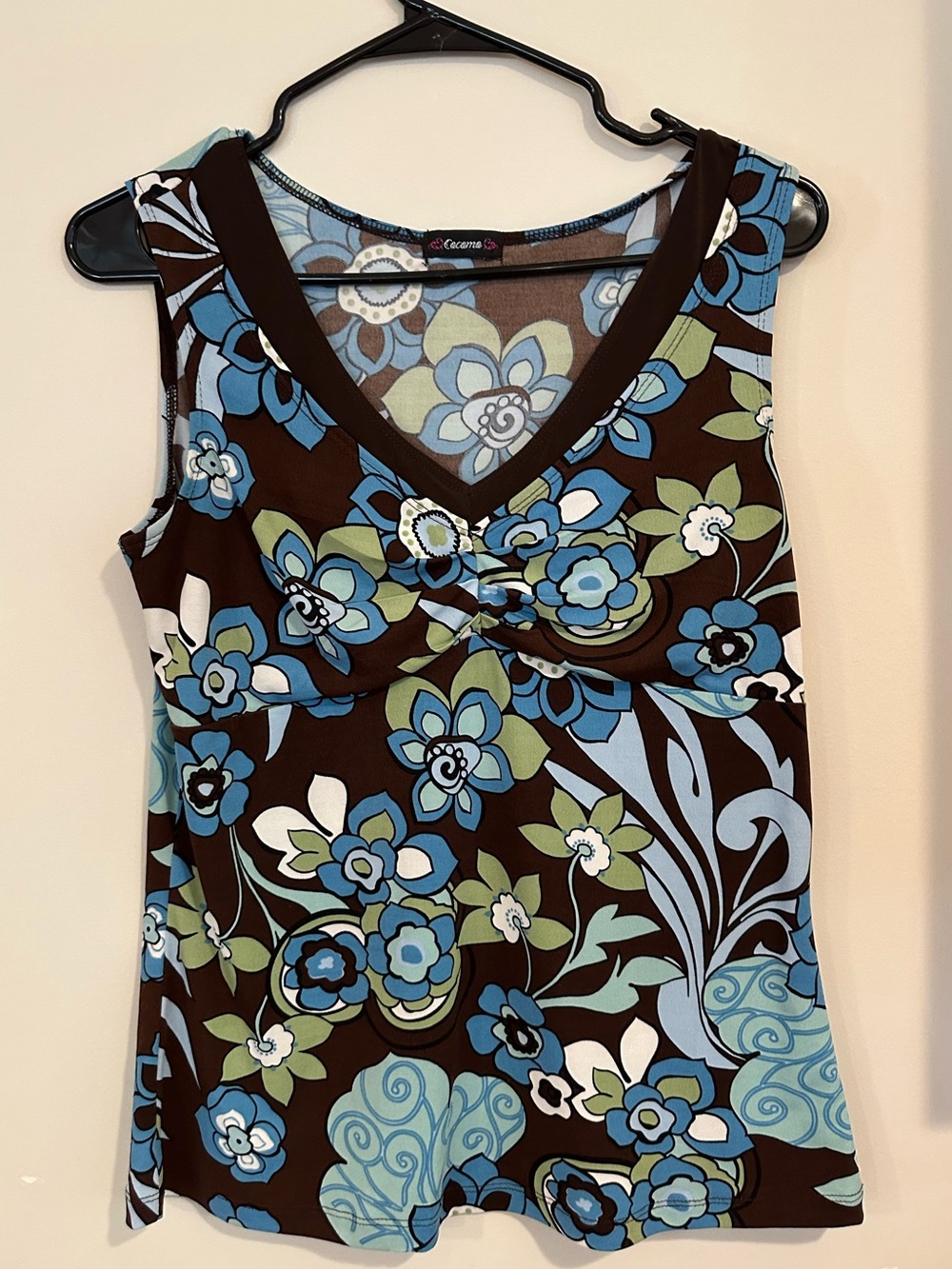 Cocomo Brown Floral V-Neck Sleeveless Top with Blue Accents